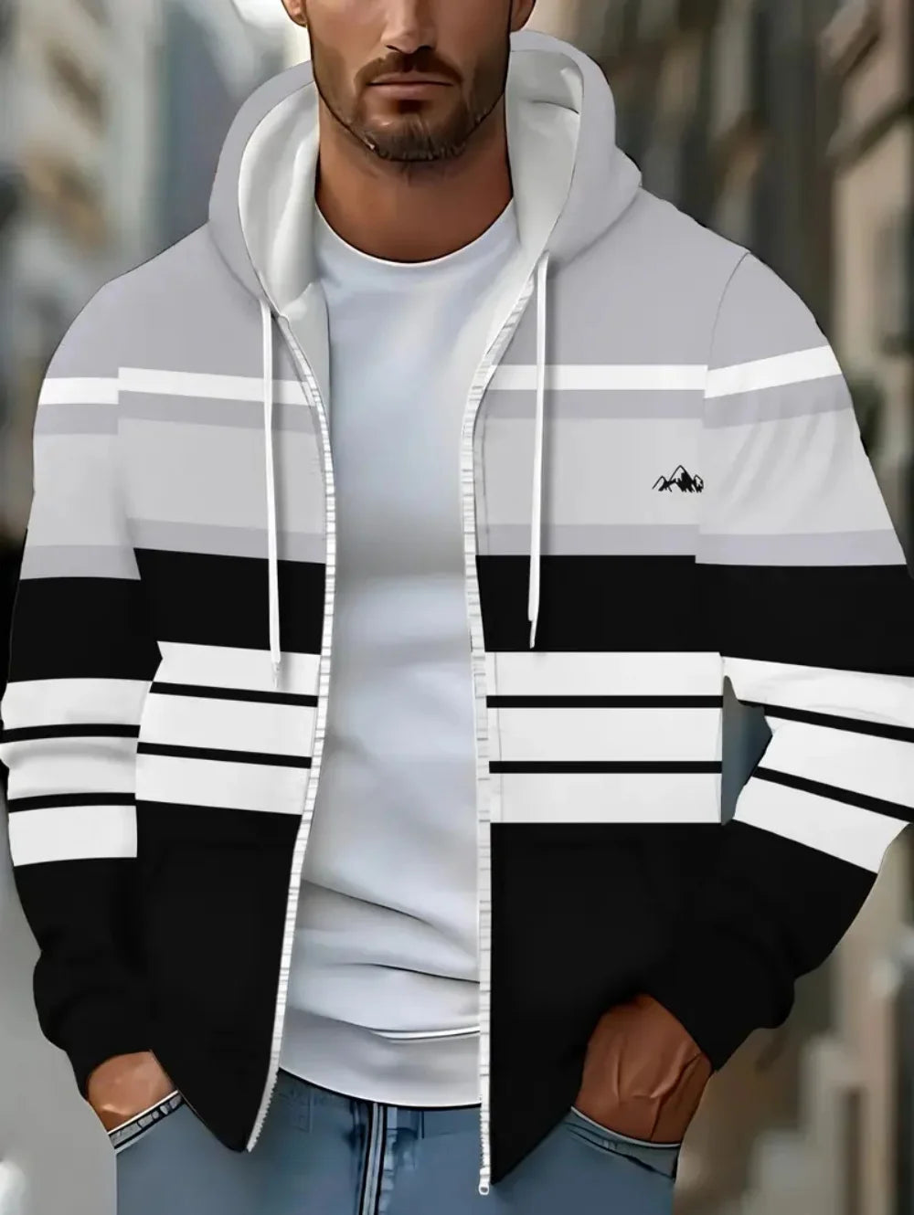 Lässiges, gestreiftes Herren-Sweatshirt mit Kapuze und durchgehendem Reißverschluss, Outdoor-Kleidung, glatte Kapuzentaschen mit Kordelzug, einfache gestreifte Sportbekleidung für Herren