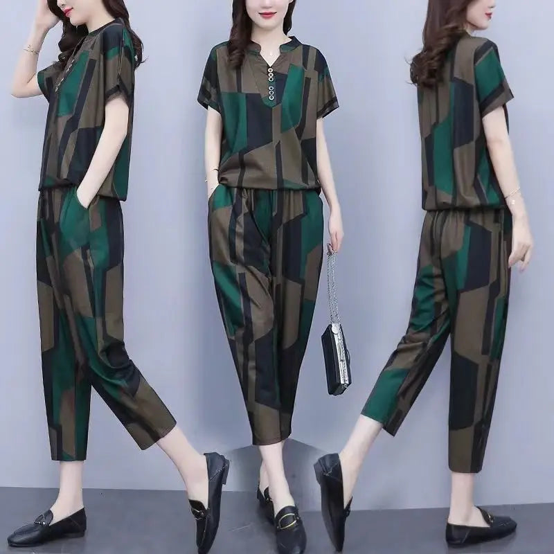 Frauen Casual Anzug 2025, Frühling Sommer Neue Mode Lose Koreanische Plus Größe Kleidung Kurzarm Tops Harun Hosen 2 Zwei Stück Set
