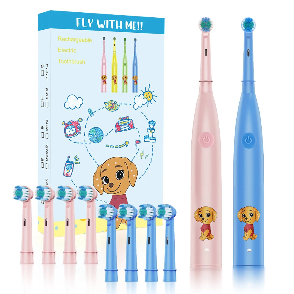    Elektrische Zahnbürste mit 5 Modi und Timer für Kinder, Cartoon-Design, Smart-Rundkopf, rotierendes Mundreinigungsgerät mit Ersatzköpfen