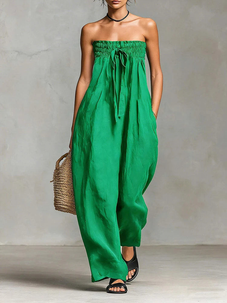 Damen Trägerloses Tube-Top Leinen-Jumpsuit mit Elastischem Gerafftem Oberteil, Sommerlicher Lässiger Ärmelloser Weiter Overall, Streetwear-Romper