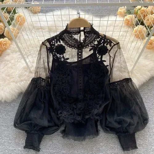 Spitze Puff Langarm Bluse Vintage-Mode Blusen Elegante Femme Blusas Koreanische Frau Tops Frauen Shirts Kleidung Dropshipping