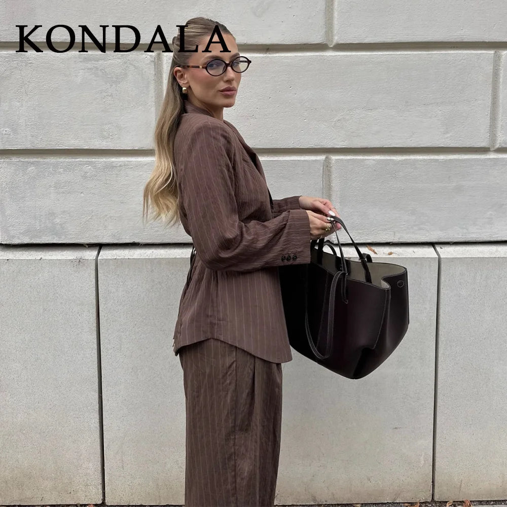 KONDALA 2026 Frühling Gestreifte Bürodamen-Anzüge Modische Elegante Braune Gürtel Lose Einreihige Blazer Schicke Weite Hosen