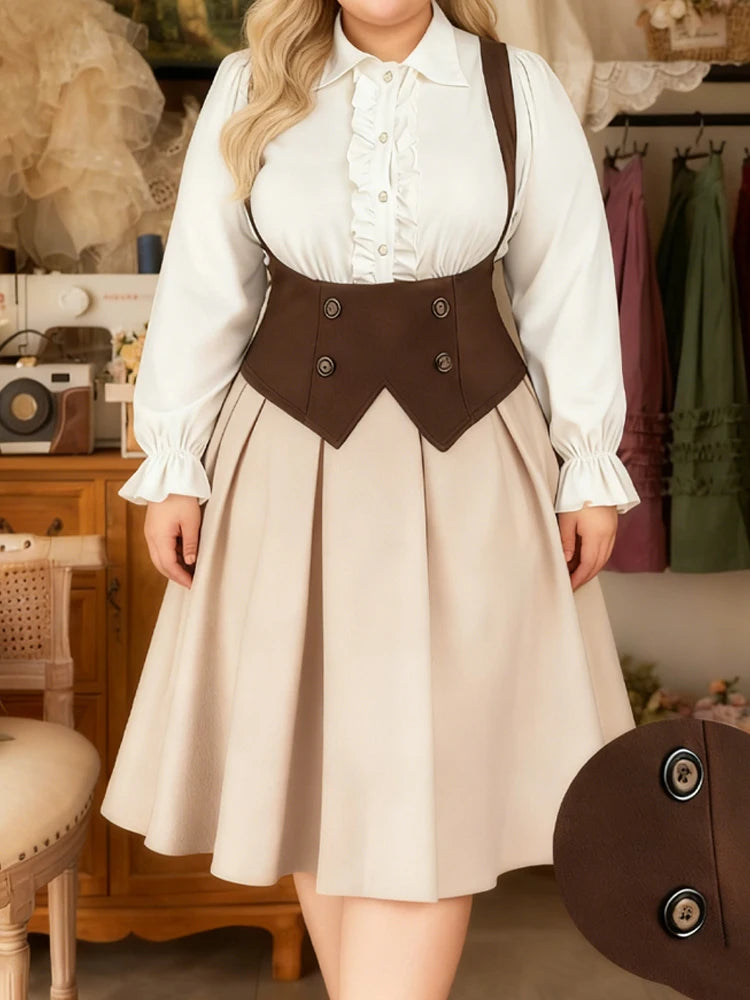 Limitierter Ausverkauf Plus Size Damen-Retro-Rüschenhemd mit hoher Taille, zweiteiliger Anzug, britischer Knopfweste, A-Linien-Rock