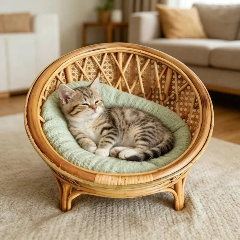 Natürliches Rattan-Katzenbett, handgewebter Katzen-Fotografie-Requisit, atmungsaktiver Weiden-Katzenkorb, erhöhtes rundes Katzennest für Hauskatzen