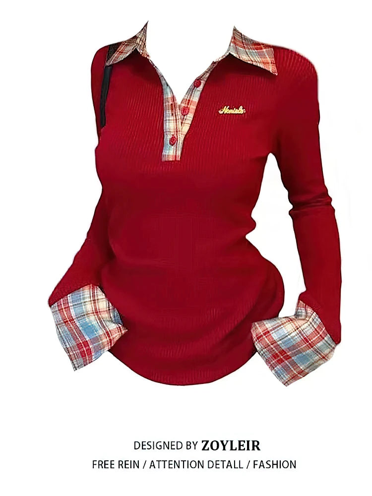Preppy Polokragen Kariertes Langarm-Layered-T-Shirt für Damen, Fake Zweiteiler Basic Top mit V-Ausschnitt, Knopfbluse, Besticktes Oberteil