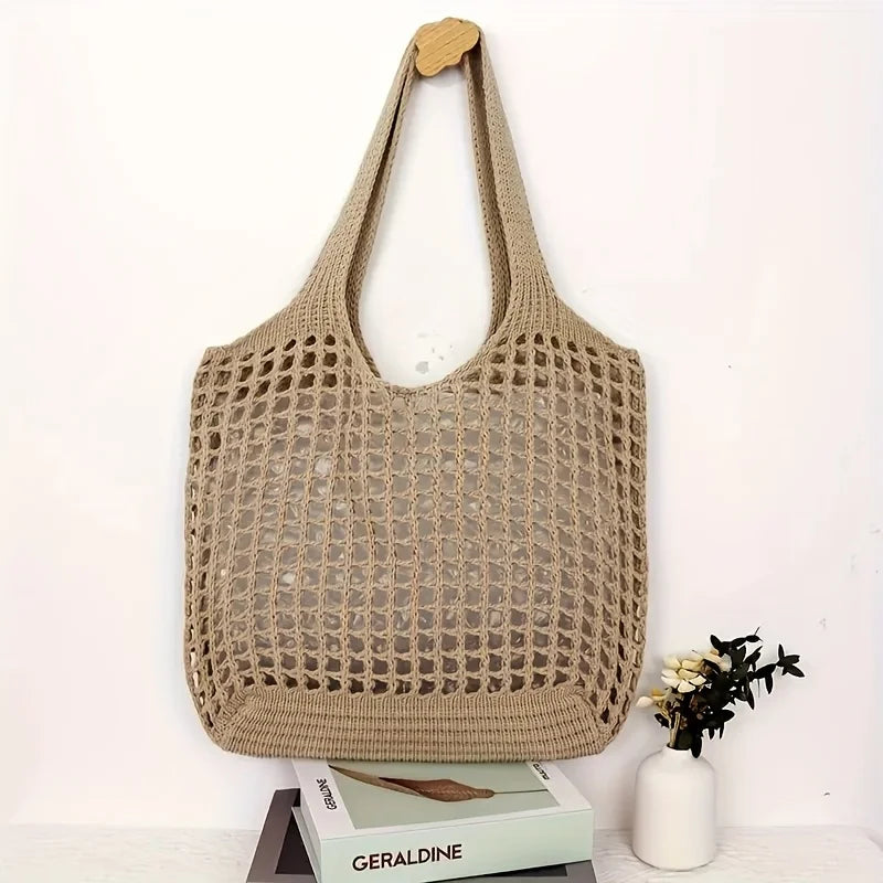 Gehäkelte Tragetasche für Damen, großes Fassungsvermögen, hohl gewebte Einkaufstasche mit festem Schultergurt, ideal für Reisen, Taschen für Damen, Handtaschen