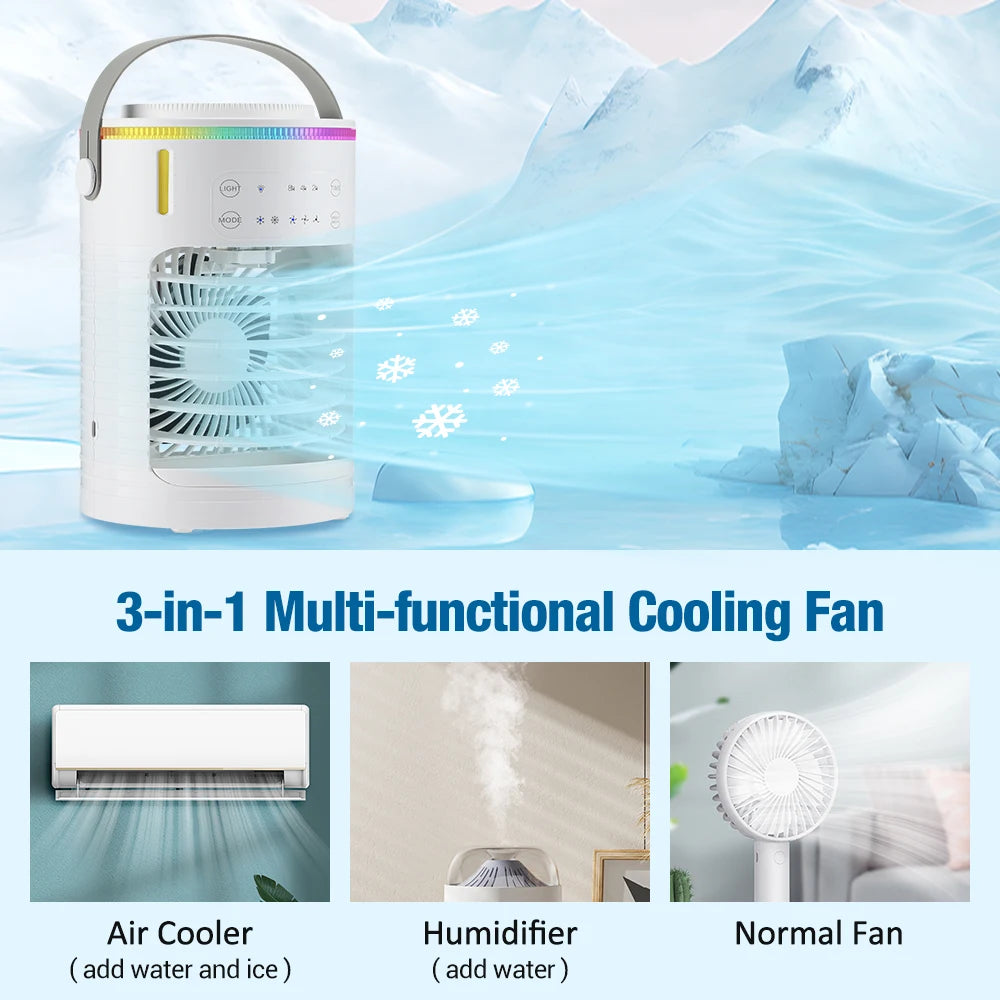 Tragbarer 3-Gang-Klimaanlagen-Ventilator mit USB-Anschluss, 7 Farblichtern, Luftkühler, Wasserkühlung, für Zuhause und Büro