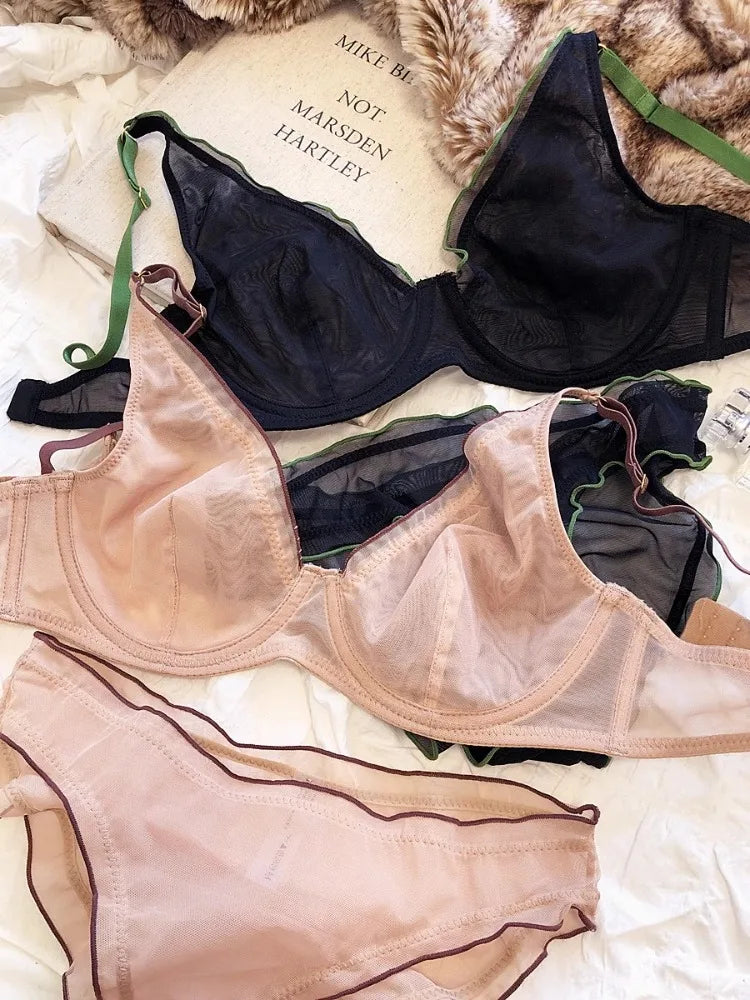 Elegantes Minimizer-BH-Set im französischen Design, modische Dreiecksschalen, strukturelle Unterstützung, ultradünnes, weiches Mesh-Dessous-Set, MOYISU Sexy Tushy