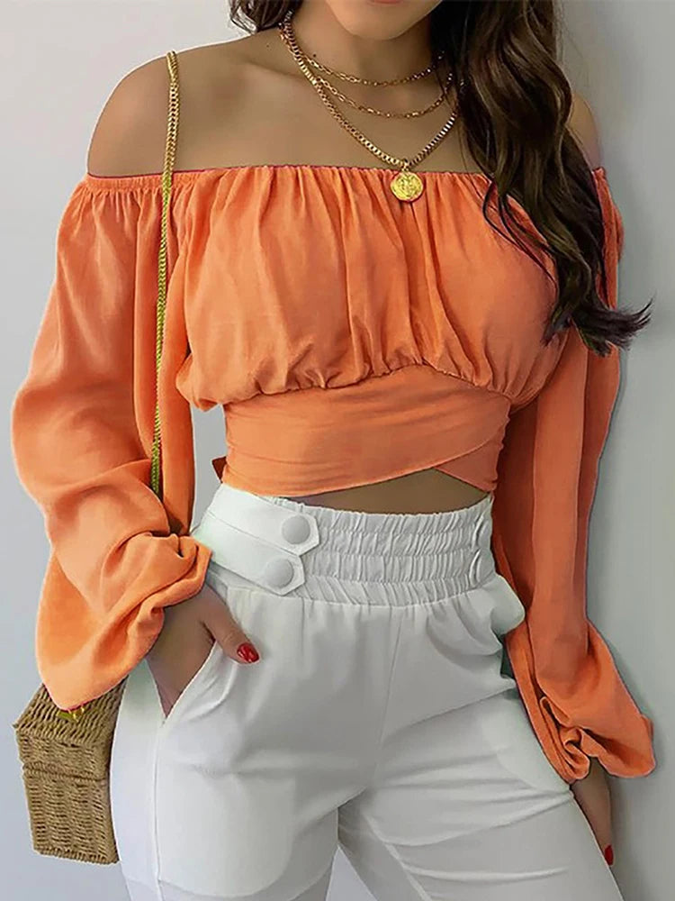 Frauen Sexy Off Schulter Bluse Chic und Elegante Druck Laterne Lange Hülse Spitze Up Bogen Cropped Tops Beiläufige Dünne Hemden 2024
