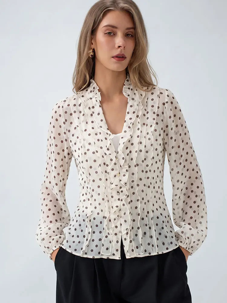 HH Damen Romantische V-Ausschnitt Polka Dot Bluse mit Puffärmeln, lässige einreihige elegante Party-Oberteile, Sommer Strand Urlaub Hemd