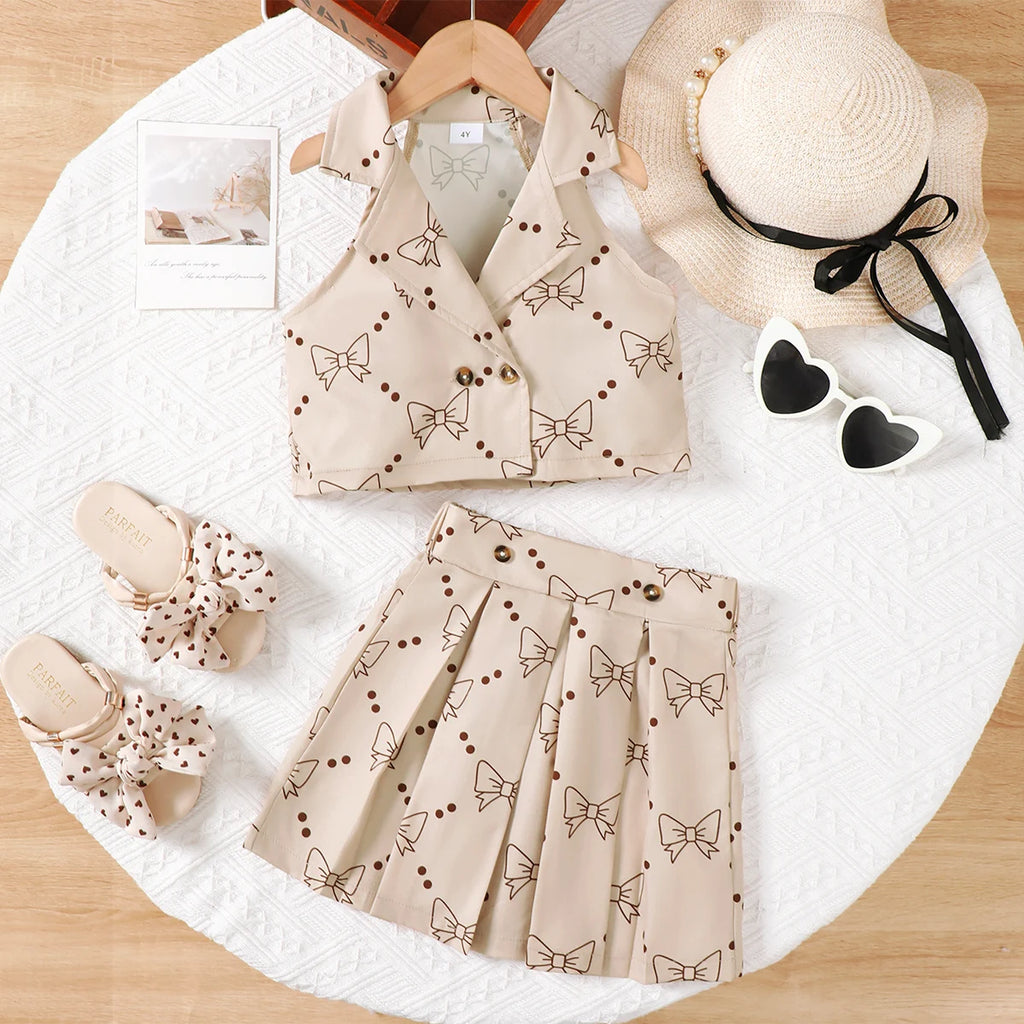 Mädchen-Set mit Kragen, Schleife, ärmellosem Oberteil und A-Linien-Rock, geeignet für 4–7 Jahre alte Mädchen, Sommermode-Kleidung