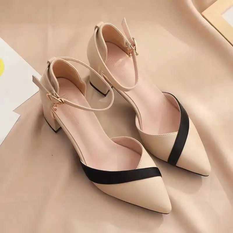 Klassische Damen-Pumps mit Beigefarbenem Quadratischem Absatz und Spitzer Form für Partys, Frühling und Sommer, Schwarze Schnalle, PU-Leder, Professionelle Schuhe