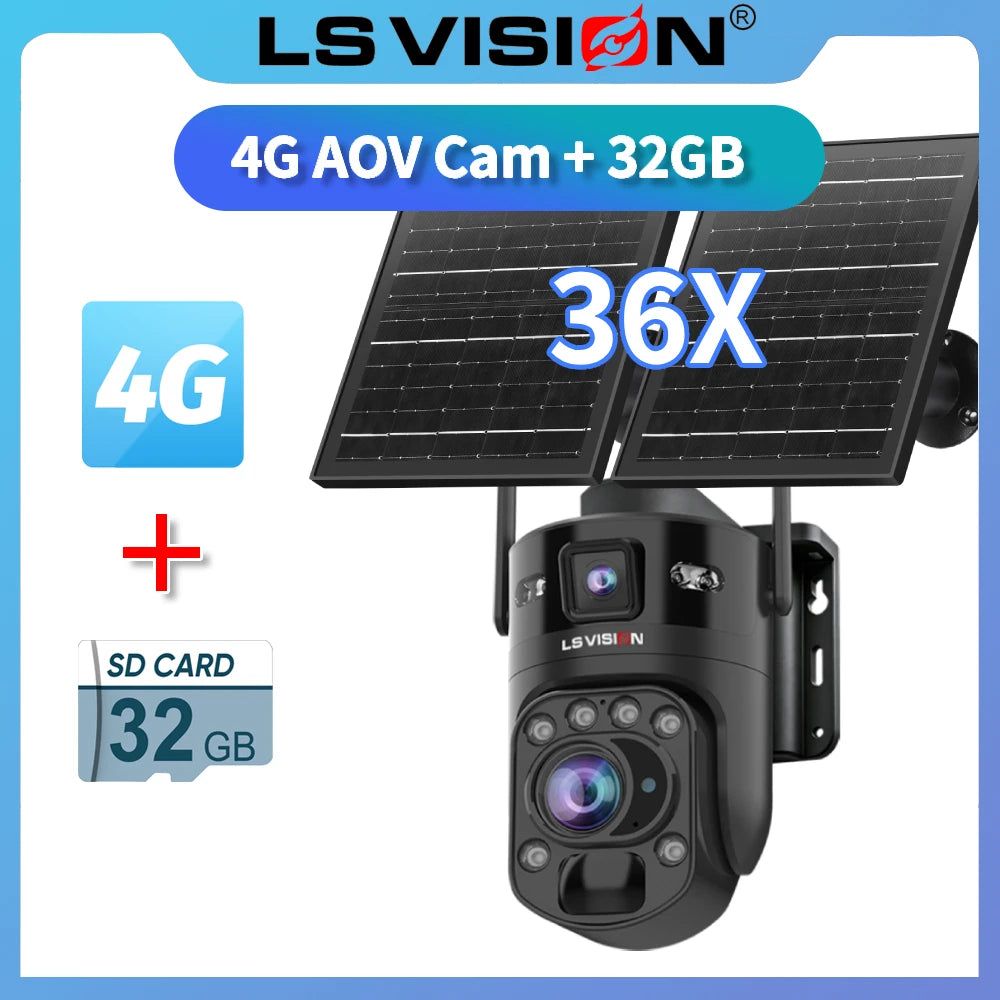 LS VISION 36X Optischer Zoom Außen-Solarkamera WiFi/4G 24/7 Videoaufzeichnung Doppelbildschirme AOV & PIR WLAN-Sicherheitskamera CCTV IP66