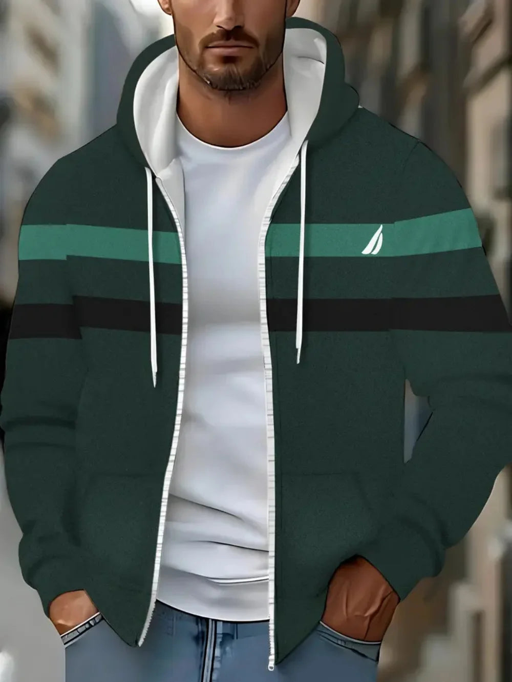 Lässiges, gestreiftes Herren-Sweatshirt mit Kapuze und durchgehendem Reißverschluss, Outdoor-Kleidung, glatte Kapuzentaschen mit Kordelzug, einfache gestreifte Sportbekleidung für Herren