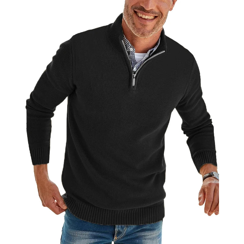 Herren-Pullover mit Viertelreißverschluss, langärmelig, schmale Passform, Stehkragen, lässiger Strick-Polo-Pullover, warmer Rollkragenpullover für den Winter