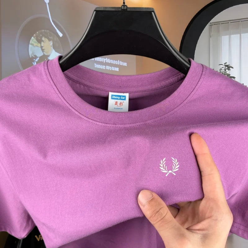 100% reine Baumwolle, hochwertiges Marken-Herren-T-Shirt mit Rundhalsausschnitt und kurzen Ärmeln, Sommermode, luxuriöses Weizen-Stickerei-Design, lässiges T-Shirt