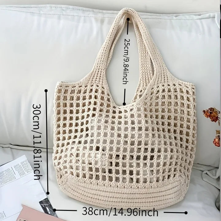 Gehäkelte Tragetasche für Damen, großes Fassungsvermögen, hohl gewebte Einkaufstasche mit festem Schultergurt, ideal für Reisen, Taschen für Damen, Handtaschen