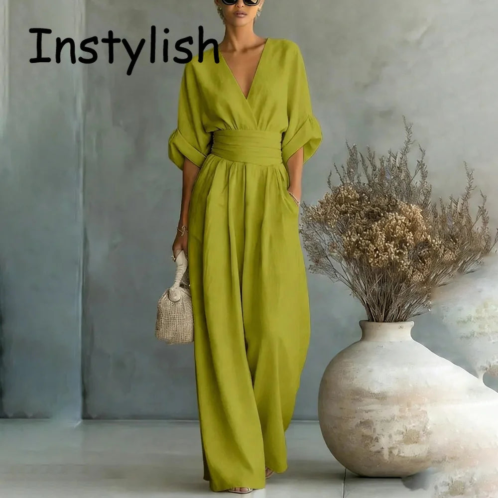 Elegante Damen-Jumpsuits mit hoher Taille, Sommer-Kurzarm-Overalls mit weitem Bein, lässige V-Ausschnitt-Jumpsuits in Unifarben, lockere Streetwear
