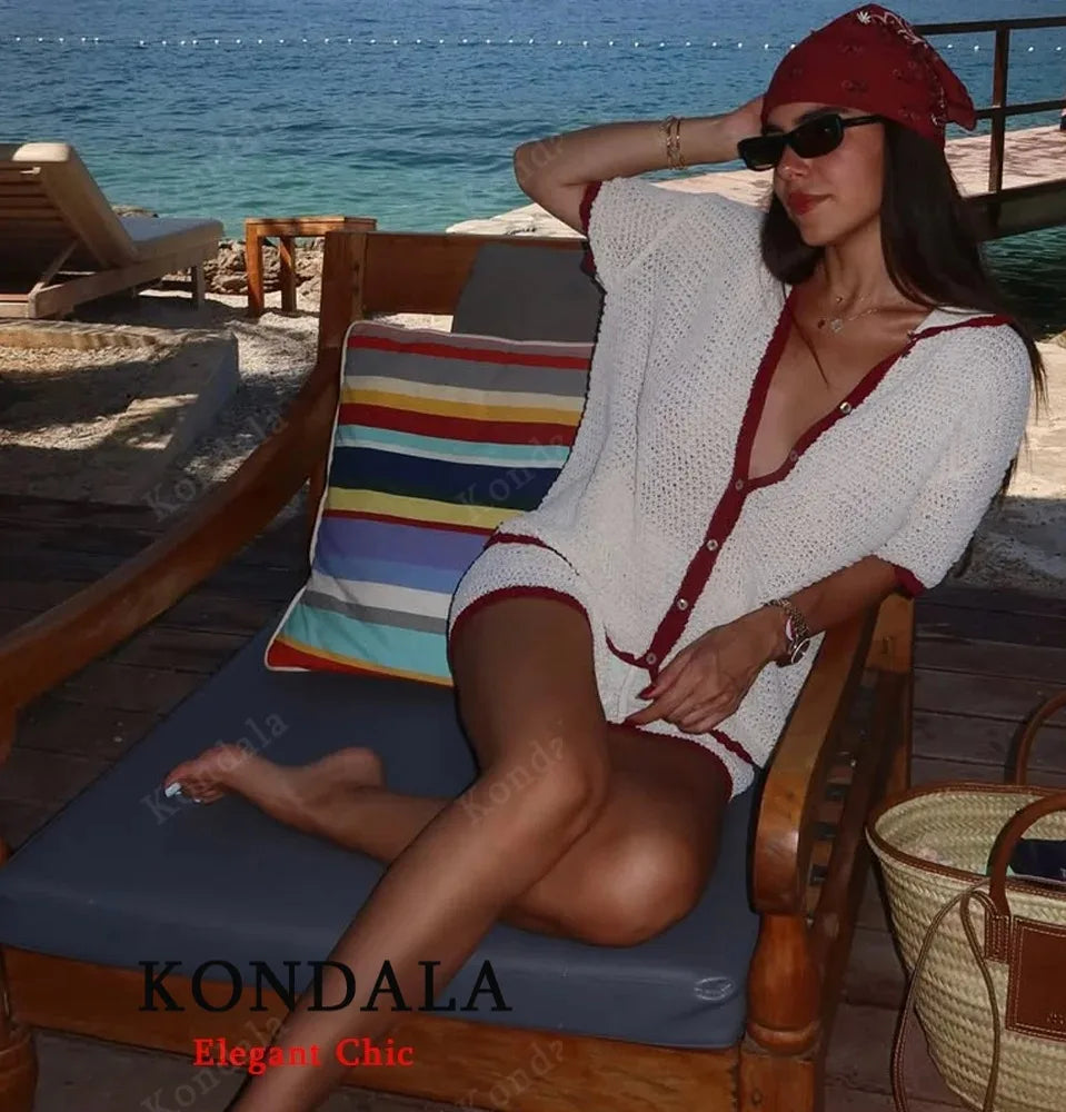 KONDALA Lady Casual Crochet Hollow Shorts Set Kurzarm-Hemden mit Knöpfen, Shorts mit Kordelzug 2025, Sommerferien, Damen-Strickset