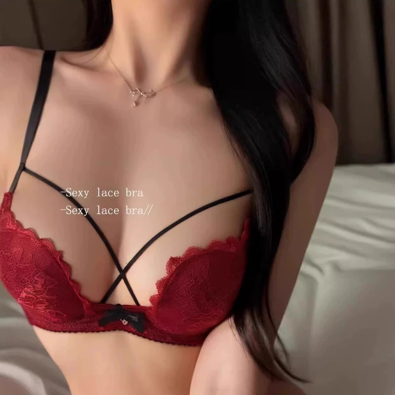 Eleganter, rückenfreier BH mit tiefem V-Ausschnitt, transparentes rotes Spitzen-Bralette für kleine Brust, dünnes Raff-Dessous-Set für Damen, tushy Bright Red Plunge AB