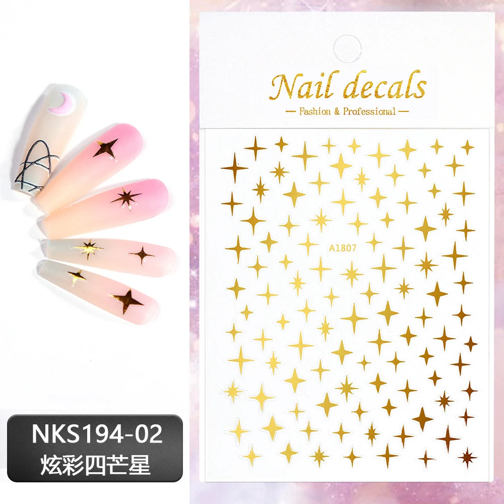 Vergoldete Stern und Mond Bronzing Nail Art Aufkleber hochwertige 3D Gold/Silber selbst klebende Slider DIY Nagel Aufkleber Dekoration 8*10cm