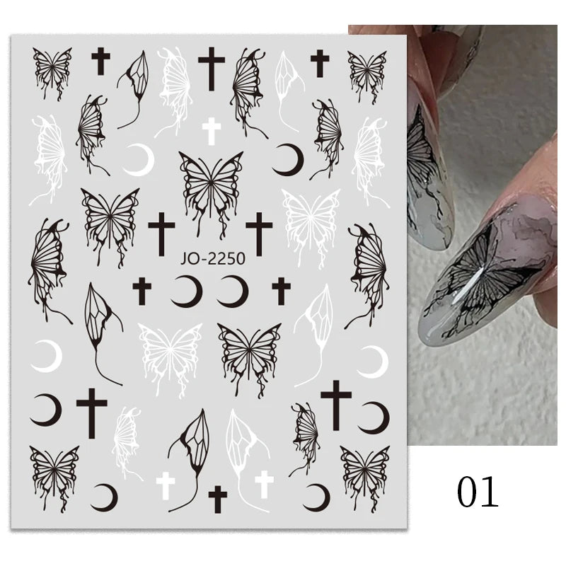 1PCS Schwarz Weiß Schmetterling Laser Nagel Aufkleber Y2K Nail art Dekoration Abstrakte Linien Bronzing Blumen Aufkleber Für Nägel
