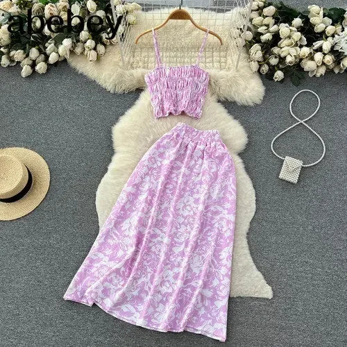 2026 Urlaubs-Blumendruck, zweiteilige Anzüge, Reißverschluss-Design, schmales Tank-Top + A-Linie, langer Rock, Vintage-Böhmische Strand-Sets