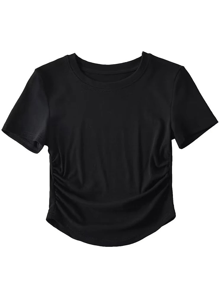 Harajuku Damen-T-Shirt aus Baumwolle mit Rundhalsausschnitt und gerüschten Seitendetails