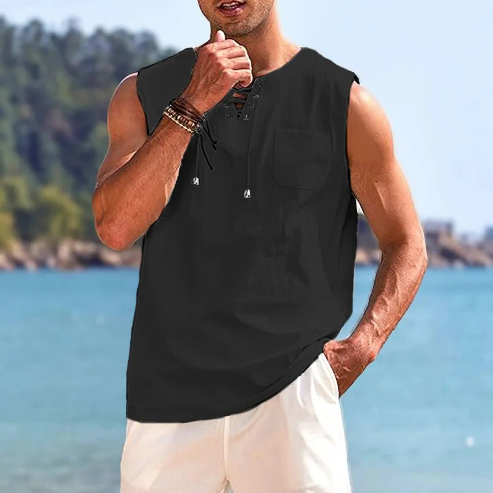 Baumwoll-Leinen-Ärmel-T-Shirt für Herren, lässiger Strand-Stil, leichte Schnürweste, atmungsaktiv, kühles Gefühl, Tops für Herren, Tank-Tops