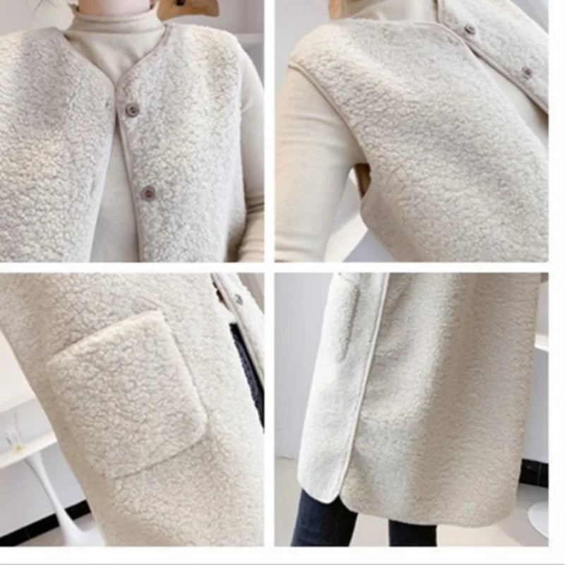 Frauen Herbst Winter Faux Lamm Pelz Weste Reine Weiche Taschen Taste Mid-länge Stil Weste Lose Beiläufige Fleece Strickjacke tücher
