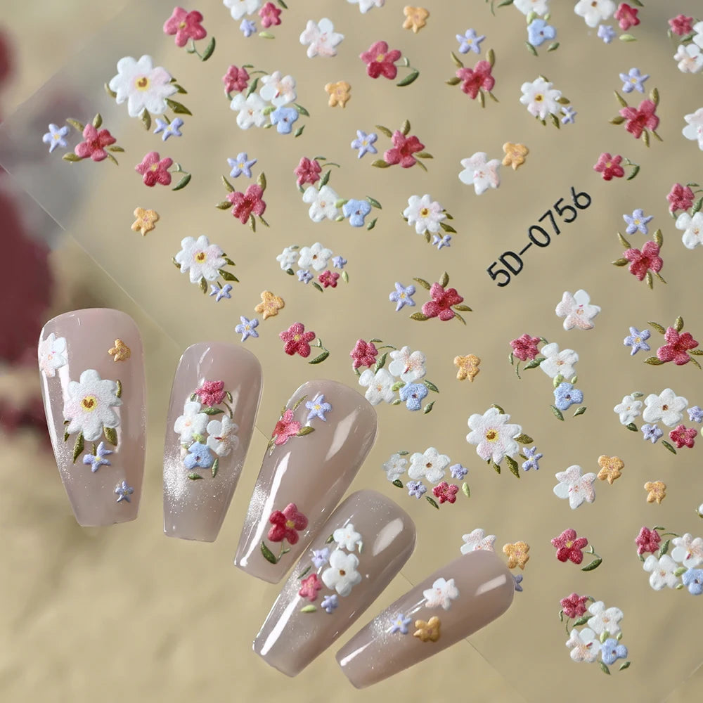 1 Stück 5D Relief Bunter Gänseblümchen-Nagelaufkleber Grünes Blatt Gänseblümchen-Nageldekor Frühlings-Klebefolie Gänseblümchen-Nagelslider