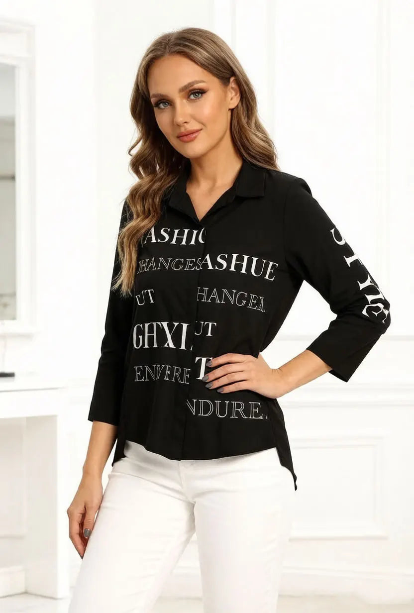Damen Oversize-Bluse mit Buchstabenprint, schwarzes Revers-Langarmhemd mit Knopfleiste, lockeres, elegantes Oberteil