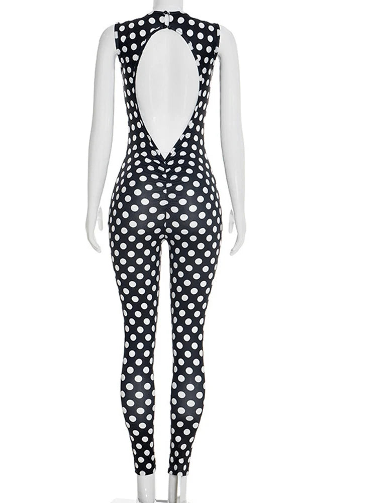 Bonnie Forest  Sexy Polka Dot Print Rückenfreier Jumpsuit Damen Sommer Ärmelloser Bodycon Romper Geraffter Einteiler Clubwear Outfits