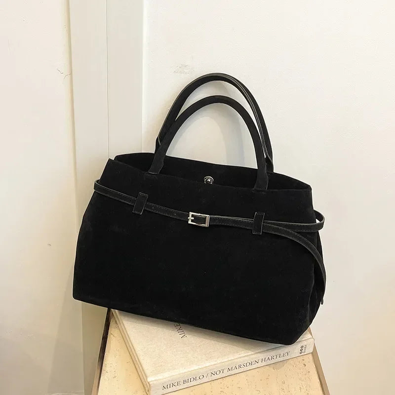 Damentasche mit Schnalle, dekoratives Design, solide Einkaufstasche aus Wildlederimitat, große Kapazität, Haspe, lässige Tragetasche, 2025, heißer Verkauf, Taschen für Damen