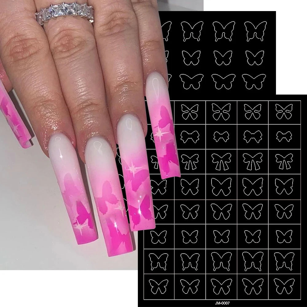 24 Muster Airbrush-Schablonen, Nagelkunst-Aufkleber, hohler Schmetterling/Blume/Schleife/Französische Liniendruckschablonen, Nagelaufkleber, DIY-Werkzeuge
