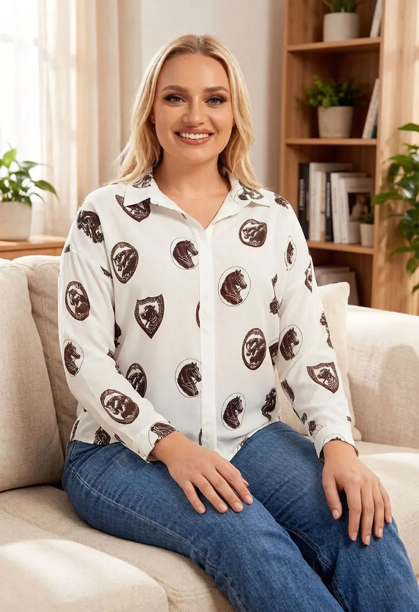 Damen Vintage Bluse mit Pferdemuster Langarm Satin-Hemd Lässiger V-Ausschnitt Knopfleiste Elegantes Büro-Arbeitskleidung