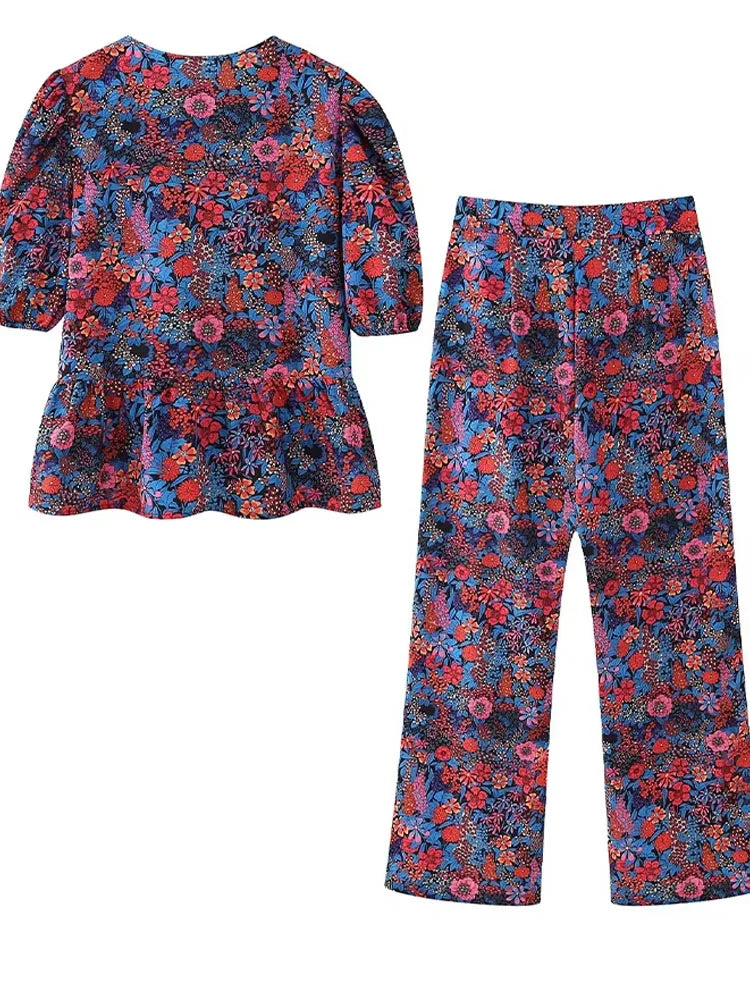 2024 Damen-Freizeithosen-Set, lila Druck, weites Bein, Hosen + Schleife, Schnürung, kurze Ärmel, Strickjacke, Hemden, Textur, Y2k-Sommeranzug