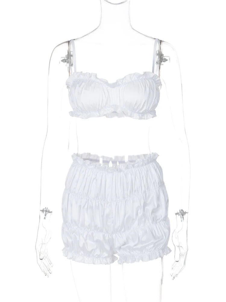 Hugcitar Sommer Elegante 2-teilige Sets Reine Farbe Slips Geraffte Sexy Schlank Crop Camis Shorts Frauen Y2K Outfits Strand Festival Party