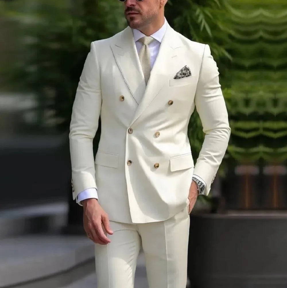 Herren Casual Hochzeitsanzug Zweiteiliges Set aus Polyestergewebe Doppelreihig Geknöpft Formeller Anzug für Trauzeugen und Bestmannen
