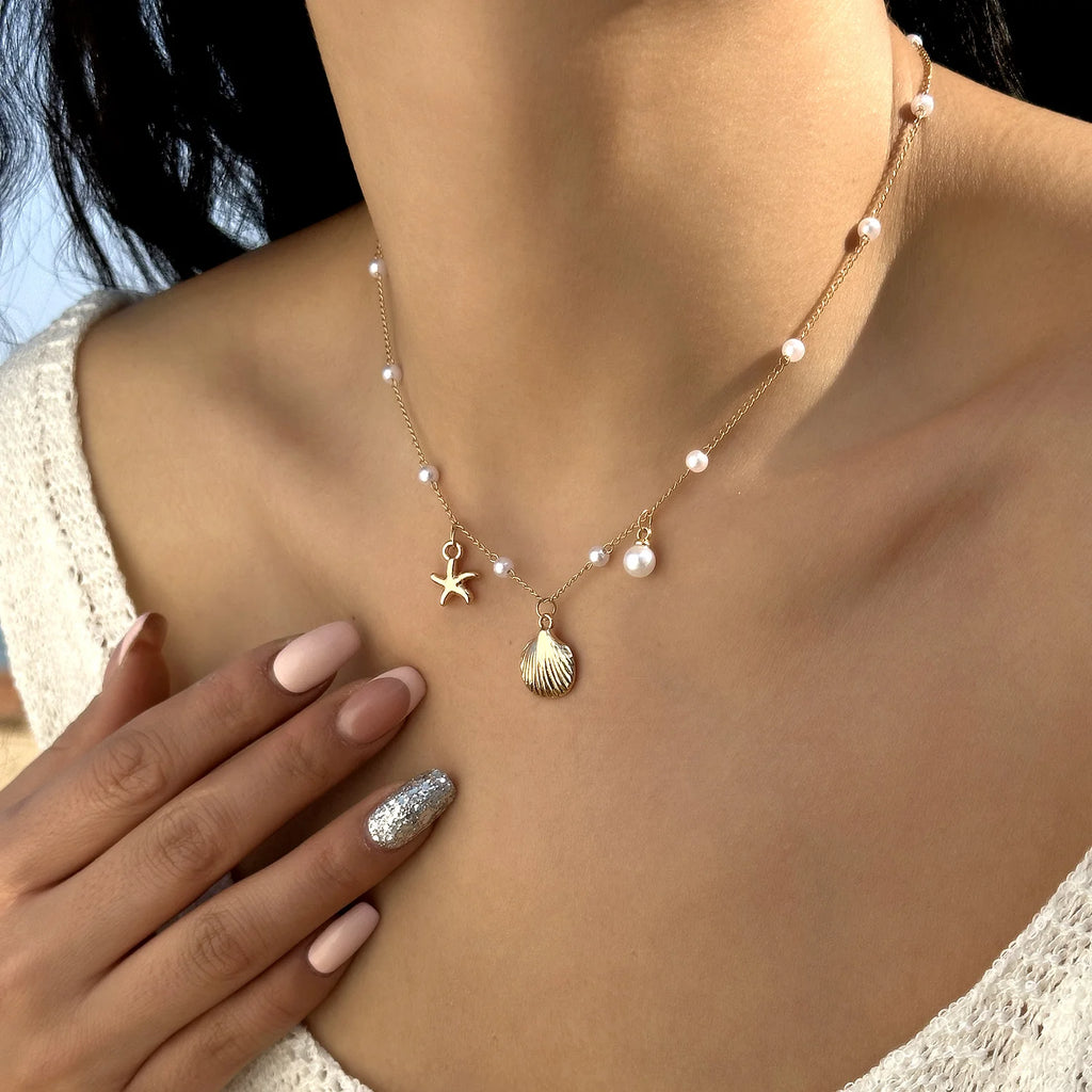 Bohemian Gold Farbe Seestern Shell Anhänger Halskette Für Frauen Strand Halsband Perle Ketten Hals Sommer Party Schmuck Geschenk