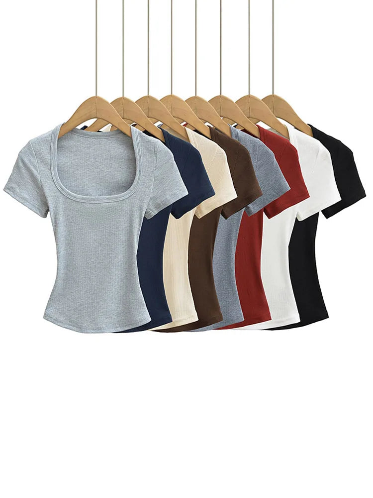 Damen Square Collar Slim Fit Crop Top High Stretch Kurzarm Pullover Sexy Sommerbluse T-Shirt Bottoming