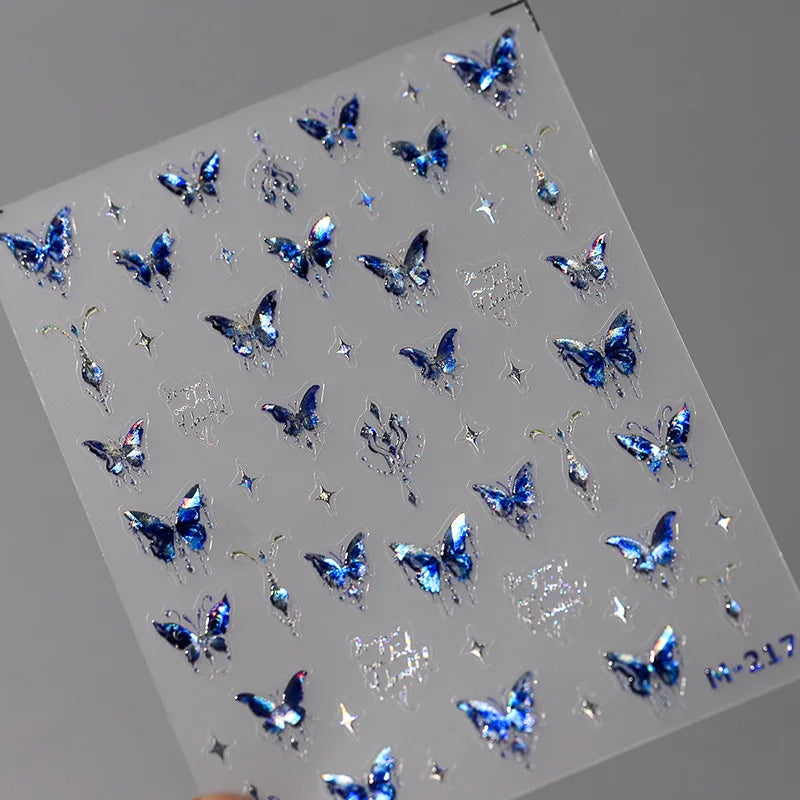 1 stücke 5D Luxus Glitter Blau Schmetterling Nail art Aufkleber Retro Luxus Selbstklebende Transfer Nagel Dekorationen Slider Aufkleber DIY