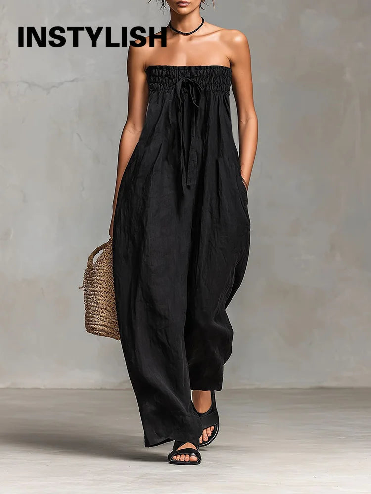 Damen Trägerloses Tube-Top Leinen-Jumpsuit mit Elastischem Gerafftem Oberteil, Sommerlicher Lässiger Ärmelloser Weiter Overall, Streetwear-Romper