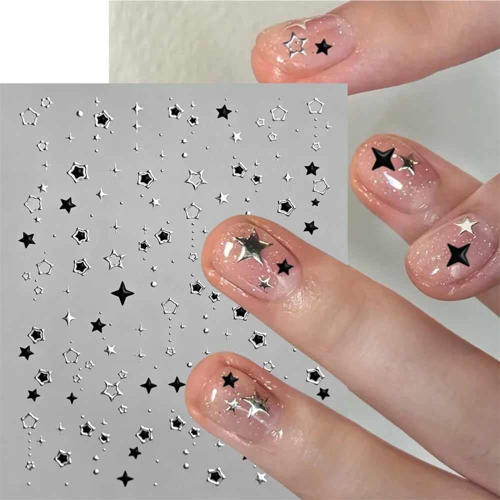 1 Stück 5D schwarze und silberne Stern-Nagelaufkleber Y2K hohler fünfzackiger Stern selbstklebende Nagelaufkleber Stern DIY Maniküre-Dekorationen11