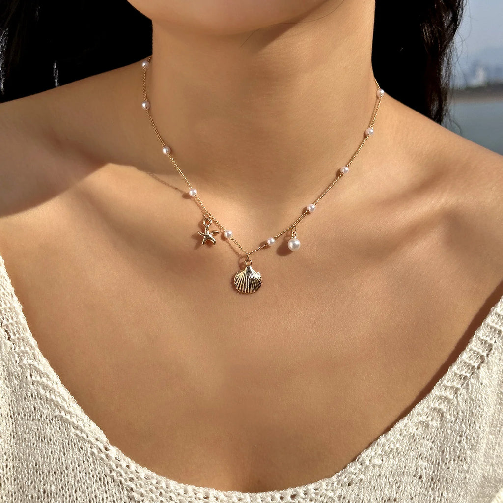 Bohemian Gold Farbe Seestern Shell Anhänger Halskette Für Frauen Strand Halsband Perle Ketten Hals Sommer Party Schmuck Geschenk
