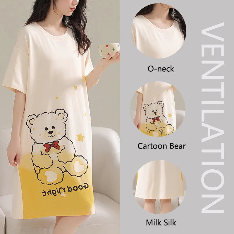 Frauen Große Größe Pyjamas Kurzarm Nachthemd Cartoon Bär 5xl Lange Student Robe Rabbitlong Rock Loungewear Mädchen Kleid