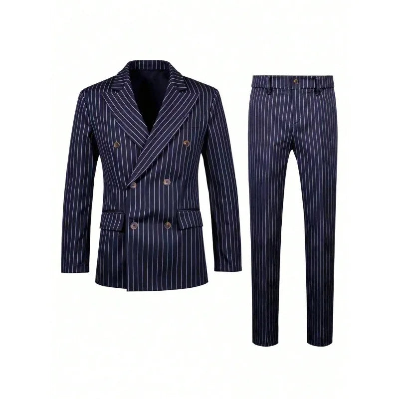 KIDWHXR Herren 2-teiliges Set Doppelreihiger Langarm-Blazer Gerade Geschnittene Hose Gestreifter Business-Hochzeits-Party-Anzug