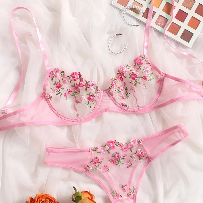 Lqycsx Dessous romantische sexy florale Spitze BH-Set 2 Stück verträumte Damen unterwäsche erotisch schiere feine Outfit exotische Höschen-Sets