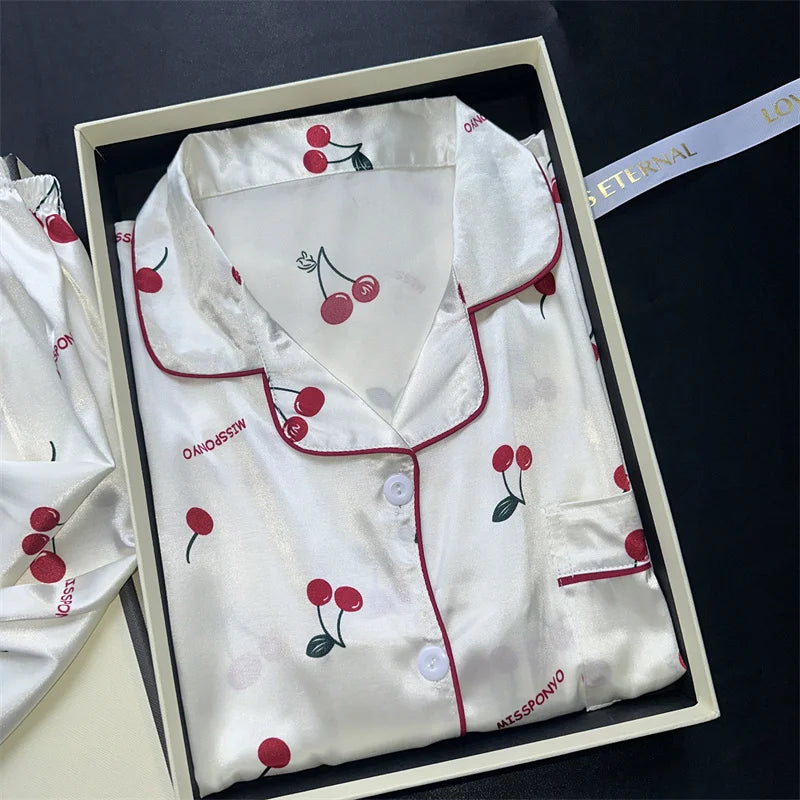 Zweiteiliges Pyjama-Set mit Kirschdruck, Sommer-Pyjama mit künstlichem Fleck, modische Heimkleidung, lässige Damen-Shorts und Top-Set, Pyjama