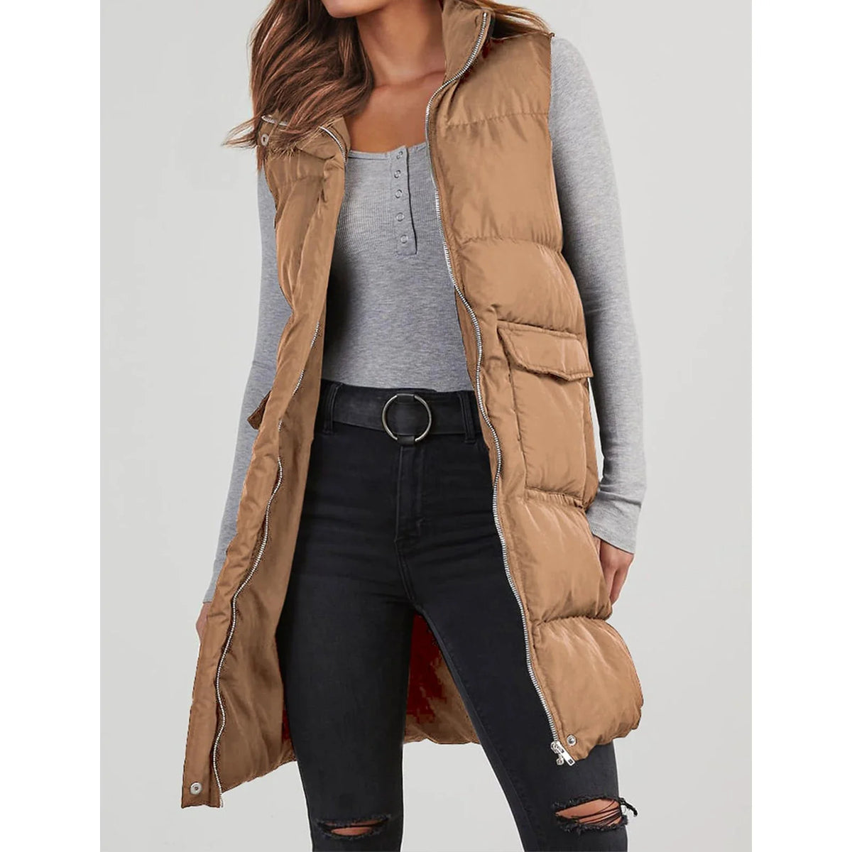 Lang mit Kapuze, Outdoor-Weste, Daunenjacke für Damen, gesteppter Mantel, ärmellose Jacke, leichte Winterpullover